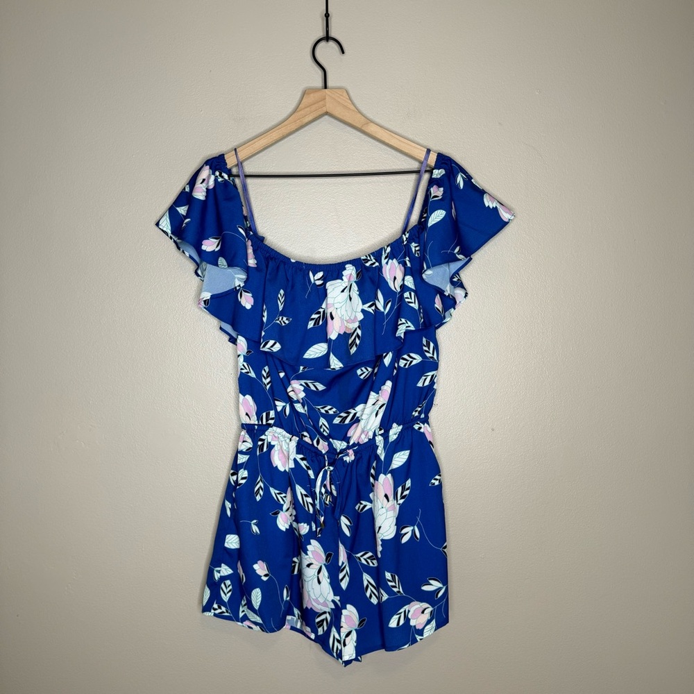 Yumi Kim Women’s Size Large Wild Side Blue Floral Ruffle Off The Shoulder Romper
